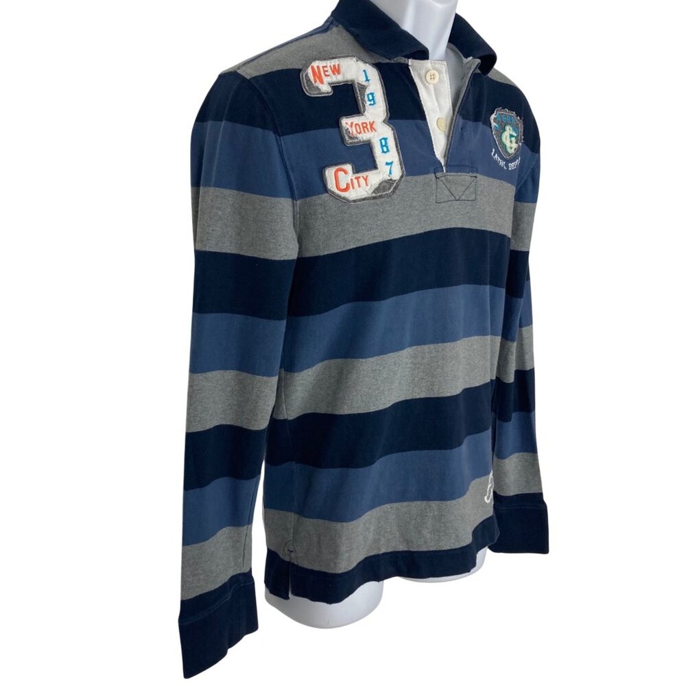 Aeropostale Rugby Shirt Mens Small Blue Gray Striped NYC Patch Athletic Y2K - Picture 7 of 12